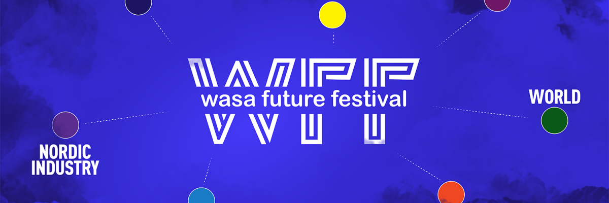 Text på blå bakgrund: Wasa Future Festival: Teksti sinisellä taustalla: Wasa Future Festival.