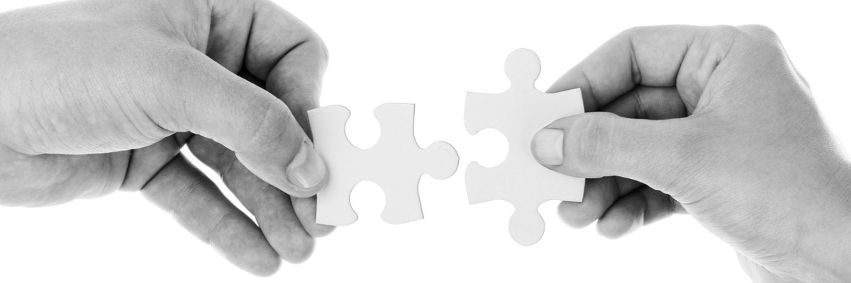 Händer håller i pusselbitar. Kädet pitelevät palapelin palasia.